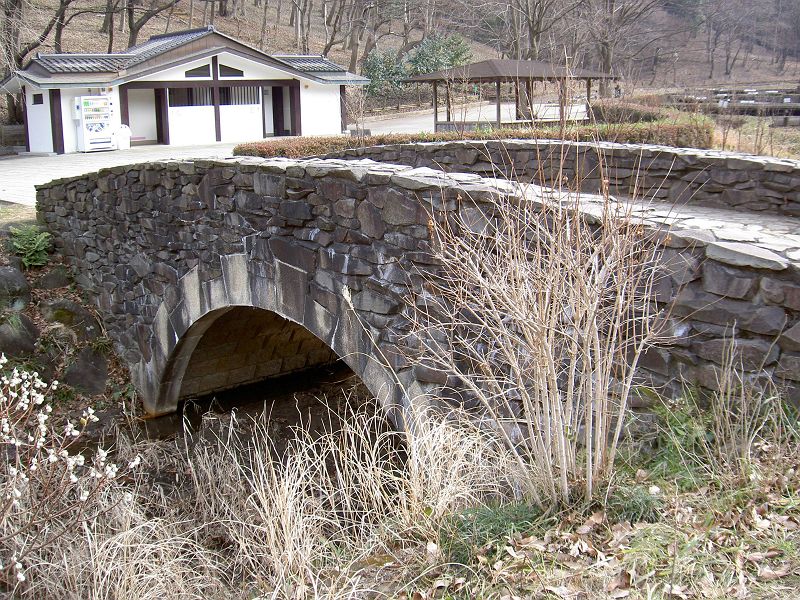 春の草原を流れる小川にかかる石橋